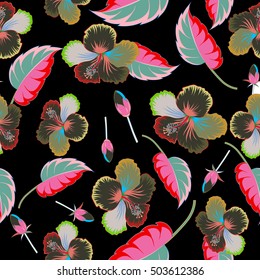 Vector hand drawn painting of multicolor hibiscus flowers, seamless pattern on black background.