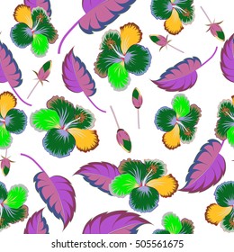 Vector hand drawn painting of multicolor hibiscus flowers, seamless pattern on white background.