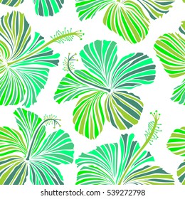 Vector hand drawn painting of multicolor hibiscus flowers, seamless pattern on white background.