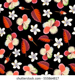 Vector hand drawn painting of multicolor hibiscus flowers, seamless pattern on black background.