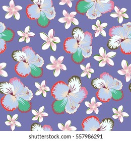 Vector hand drawn painting of multicolor hibiscus flowers, seamless pattern on violet background.