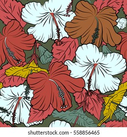 Vector hand drawn painting of multicolor hibiscus flowers, on green background.
