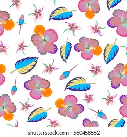 Vector hand drawn painting of multicolor hibiscus flowers, seamless pattern on white background.
