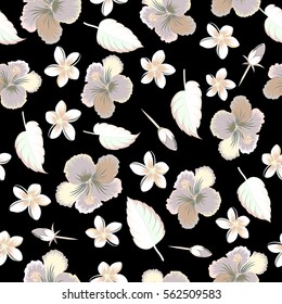 Vector hand drawn painting of multicolor hibiscus flowers, seamless pattern on black background.