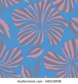 Vector hand drawn painting of neutral, pink and blue hibiscus flowers. Seamless pattern in neutral, pink and blue colors.