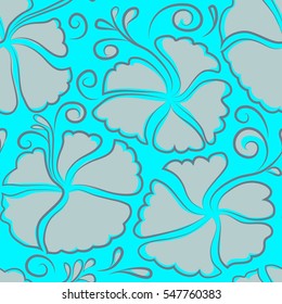 Vector hand drawn painting of neutral and blue hibiscus flowers. Seamless pattern in neutral and blue colors.