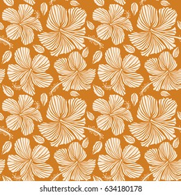 Vector hand drawn painting of orange and beige hibiscus flowers. Seamless pattern in orange and beige colors.