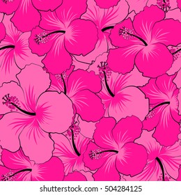 Vector hand drawn painting of pink hibiscus flowers. Seamless pattern in pink colors.