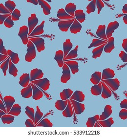 Vector hand drawn painting of red, violet and blue hibiscus flowers. Seamless pattern in red, violet and blue colors.
