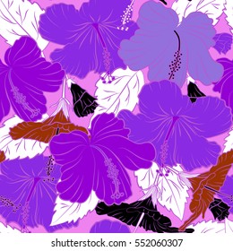 Vector hand drawn painting of violet, white and pink hibiscus flowers. Seamless pattern in violet, white and pink colors.