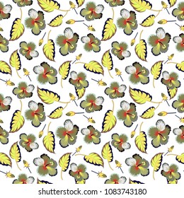 Vector hand drawn painting of white, brown and yellow hibiscus flowers. Seamless pattern in white, brown and yellow colors.