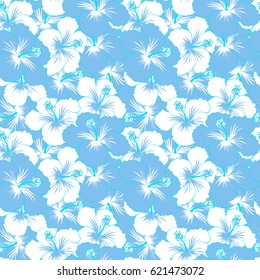 Vector hand drawn painting of white and blue hibiscus flowers. Seamless pattern in white and blue colors.