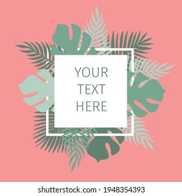 Vector hand drawn palm leaves silhouette frame banner isolated on pink background