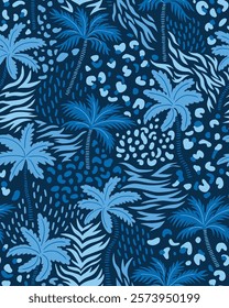 Vector hand drawn palm tree seamless pattern. palm trees and animal skin texture. Stylish blue tropical fabric design.