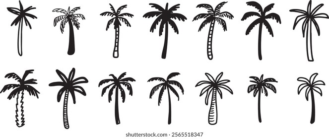 Vector hand drawn palms illustration, hippie boho palm tree surfer style doodle set