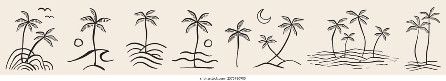 Vector hand drawn palms illustration, hippie boho palm tree surfer style doodle set
