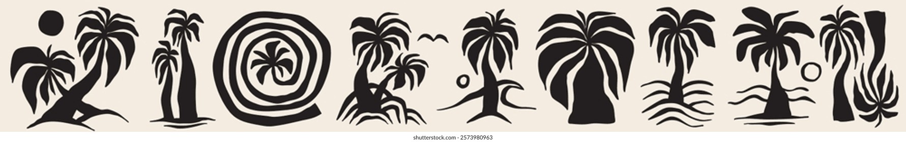 Vector hand drawn palms illustration, hippie boho palm tree surfer style doodle set
