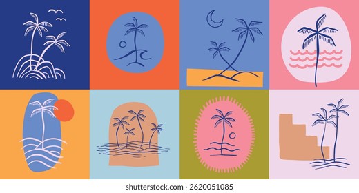 Vector hand drawn palms illustration, hippie boho palm tree surfer style doodle set, header banner design
