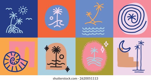Vector hand drawn palms illustration, hippie boho palm tree surfer style doodle set, header banner design
