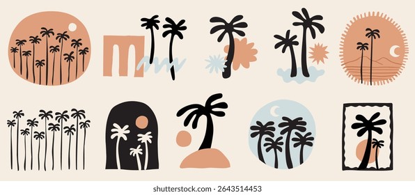 Vector hand drawn palms illustration, hippie boho palm tree surfer style doodle set
