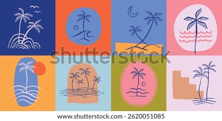 Vector hand drawn palms illustration, hippie boho palm tree surfer style doodle set, header banner design
