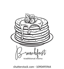 Vector hand drawn pancakes badge icon. Sketch baking with syrup and blueberries and raspberries. Breakfast concept. Retro style.