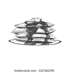 vector hand drawn pancakes with butter and maple syrup. sketch of american breakfast meal. pile of hot fluffy flapjacks with honey topping. food elements for design template