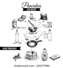 Vector hand drawn pancakes illustration. Vintage Illustration with milk, sugar, flour, vanilla, eggs, mixer, and kitchen dish. Simple pancakes recipe. svg