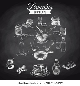 Vector hand drawn pancakes illustration. Vintage Illustration with milk, sugar, flour, vanilla, eggs, mixer, and kitchen dish. Simple pancakes recipe. Chalkboard.