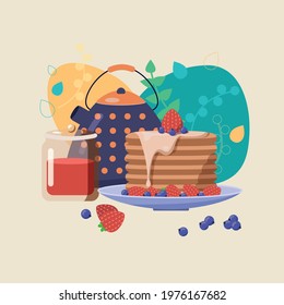 Vector hand drawn pancakes, Sketch baking with syrup and blueberries and strawberries. Breakfast concept, pancake day card, Delicious pancake in vector format, Hand drawn illustration