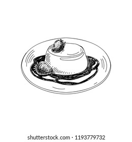 Vector hand drawn panna cotta. Dishes of Italian cuisine. Detailed retro style Illustration. Vintage sketch element for labels, packaging and cards design. Modern background.