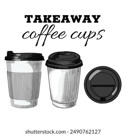 Vector hand drawn paper cup with black plastic lid. Tea, coffee, hot beverages. Drinks assets ready to use and easy to edit.