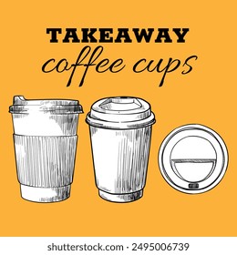 Vector hand drawn paper cup with plastic lid. Tea, coffee, hot beverages. Drinks assets ready to use and easy to edit. Black outline and white fill in separate groups.