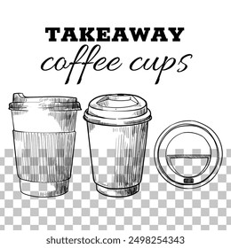 Vector hand drawn paper cup with plastic lid. Tea, coffee, hot beverages. Drinks assets ready to use and easy to edit. Black outline, no fill, with fine details. 