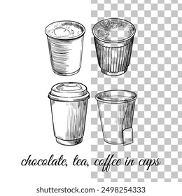 Vector hand drawn paper cups with beverages such as tea, coffee, cappuccino. Heart on a foam. Drinks assets ready to use and easy to edit. Black outline, no fill, with fine details. 