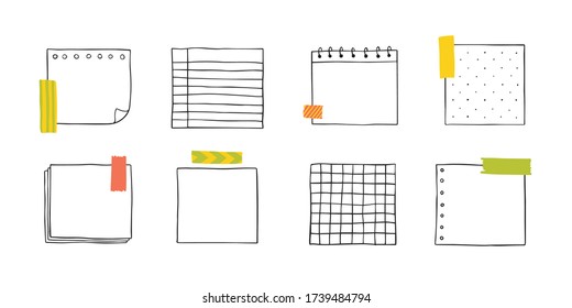 Vector hand drawn paper notes. Simple sketch notebook sheets for notes and reminders. Cute painted the outline with a pencil.