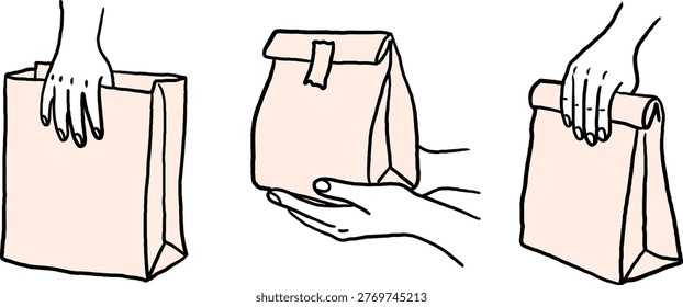 vector hand drawn paper packaging bags set human hands holding brown craft sack for delivery takeaway food and eco friendly shopping