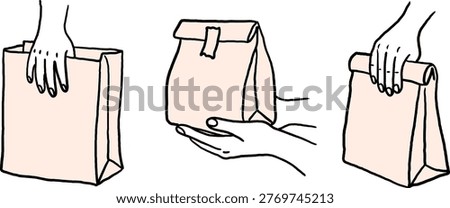 vector hand drawn paper packaging bags set human hands holding brown craft sack for delivery takeaway food and eco friendly shopping