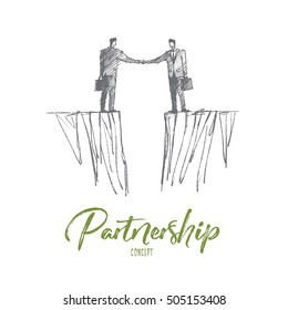 Vector hand drawn partnership concept sketch. Handshaking of two businessmen standing on different sides with gap between them. Lettering Partnership concept