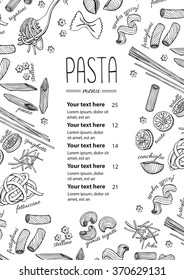 Vector hand drawn pasta menu. Vintage  line art illustration for your business