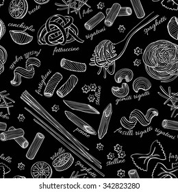 Vector hand drawn pasta pattern. Vintage line art illustration. Great for italian food restaurant.