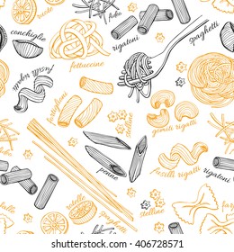 Vector hand drawn pasta pattern. Vintage line art illustration. Outline food background