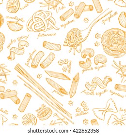 Vector hand drawn pasta pattern. Vintage line art illustration. Outline food background