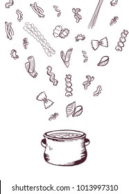 Vector hand drawn pasta pieces flying from pan concept illustration