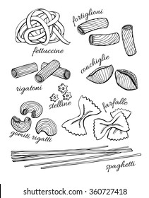 Vector hand drawn pasta set. Vintage line art illustration