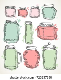 Vector hand drawn pastel colored vintage jars set. Contour sketch illustration isolated over white.