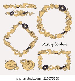 Vector hand drawn pastries borders and design elements featuring croissant, belgian waffle, eclair, cinnamon roll, and more | Sweet bakery products decorative frames for your menu, leaflets and prints