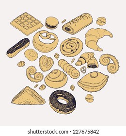 Vector hand drawn pastries featuring croissant, belgian waffle, eclair, cinnamon roll, macaron and more | Sweet bakery products set vector illustration