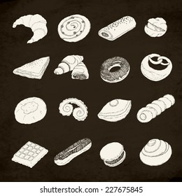 Vector hand drawn pastries icons featuring croissant, belgian waffle, eclair, cinnamon roll, macaron and more | Sweet bakery products set vector icons, white on dark background