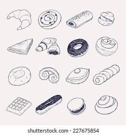 Vector Hand Drawn Pastries Icons Featuring Croissant, Belgian Waffle, Eclair, Cinnamon Roll, Macaron And More | Sweet Bakery Products Set Ink Pen Vector Icons